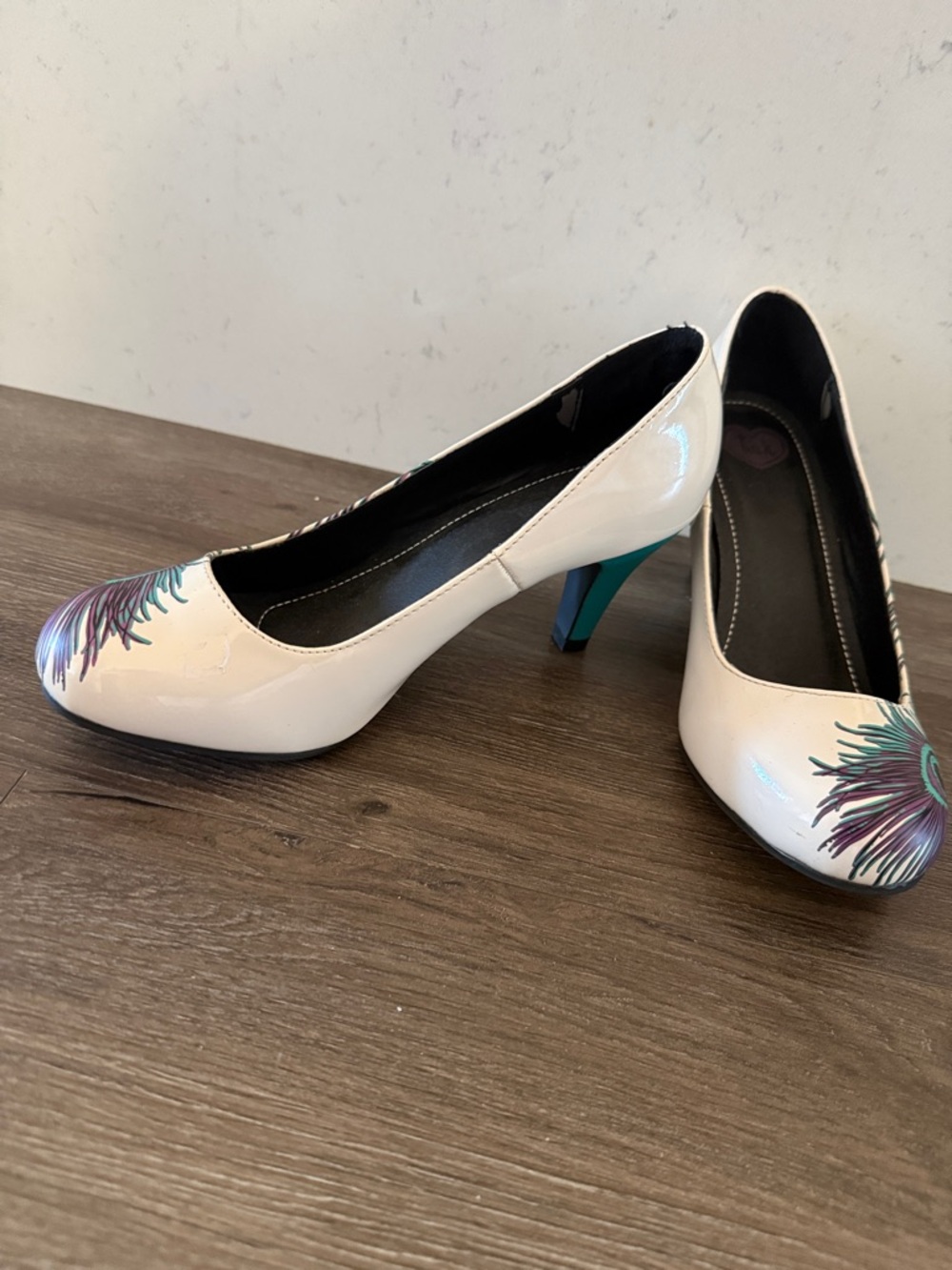 White Heels with Teal & Purple Peacock Feather Accent - Picture 8 of 9